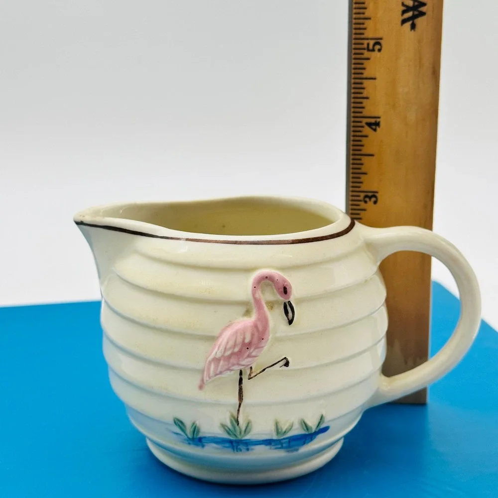 Vintage Porcelier Flamingo Creamer Pitcher 1940s Pink Ribbed MCM Coastal